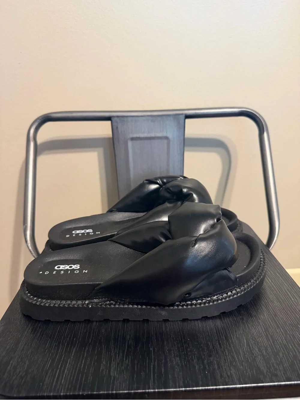 ASOS Design Puffy Knot Slide Sandals Black Faux Leather EU 38 US 7